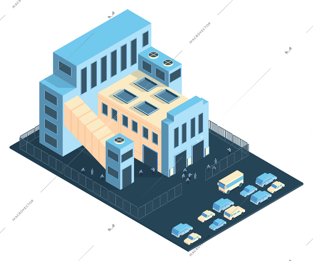 Isometric industrial plant factory composition with view of plant buildings fence zone and cars with people vector illustration