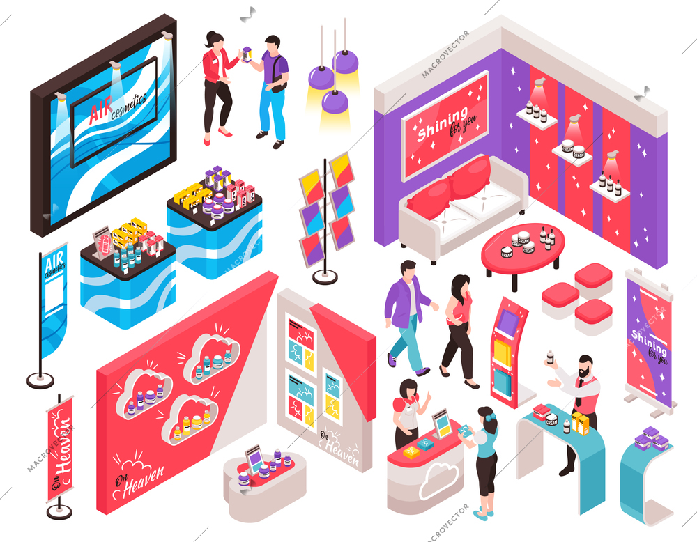 Isometric expo stand trade show exhibition constructor set with isolated elements for commercial show with people vector illustration