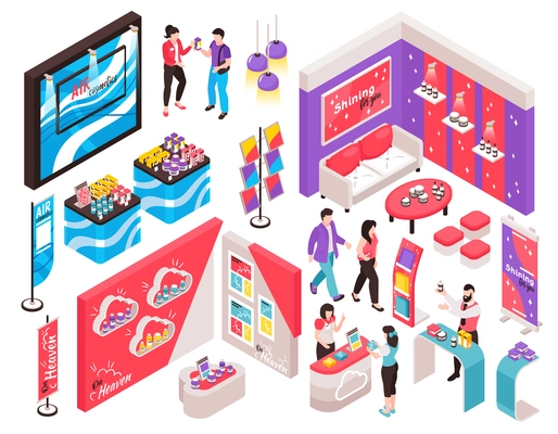 Isometric expo stand trade show exhibition constructor set with isolated elements for commercial show with people vector illustration
