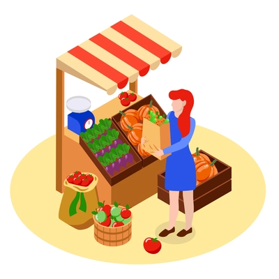 Farm local market isometric background with round composition of domestic products stall spot and female customer vector illustration