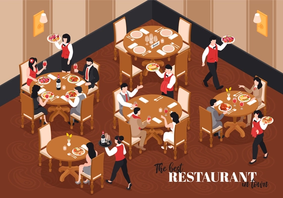 Isometric restaurant composition with indoor view of lobby with round tables and waiter characters with text vector illustration