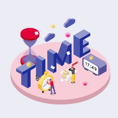 Deadline isometric background with round composition of images text and alarm clocks with little human characters vector illustration