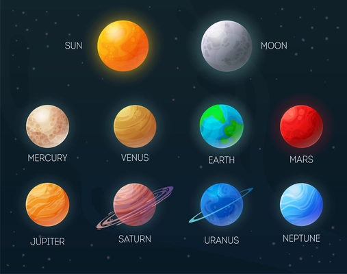Sun moon mercury venus earth mars jupiter saturn uranus neptun colorful planets set black background vector illustration