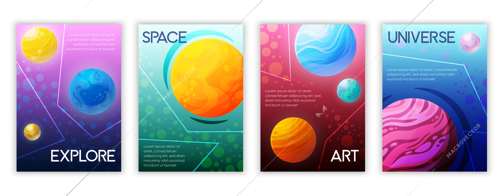 Space exploration universe discoveries art 4 colorful background posters set with celestial bodies and text vector illustration