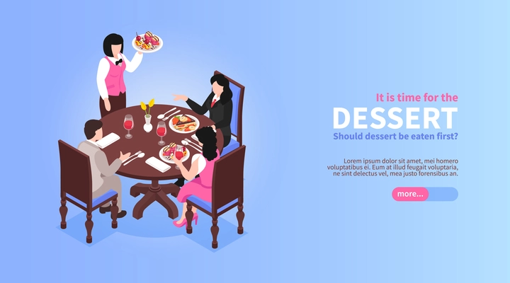 Isometric restaurant horizontal banner with human characters eating at table with waiter editable text and button vector illustration