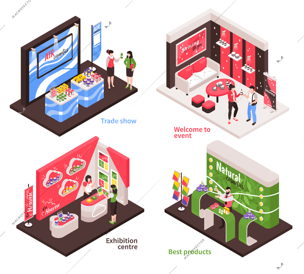 Isometric expo stand design concept with four different examples of exhibition booth design and decor elements vector illustration