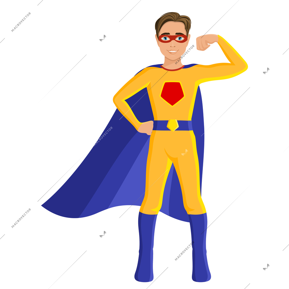 Boy kid in yellow superhero costume full length portrait isolated on white background vector illustration