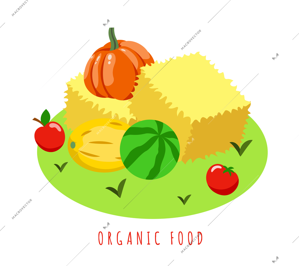 Farm local market isometric background composition with text and cartoon images of ripe vegetables on grass vector illustration