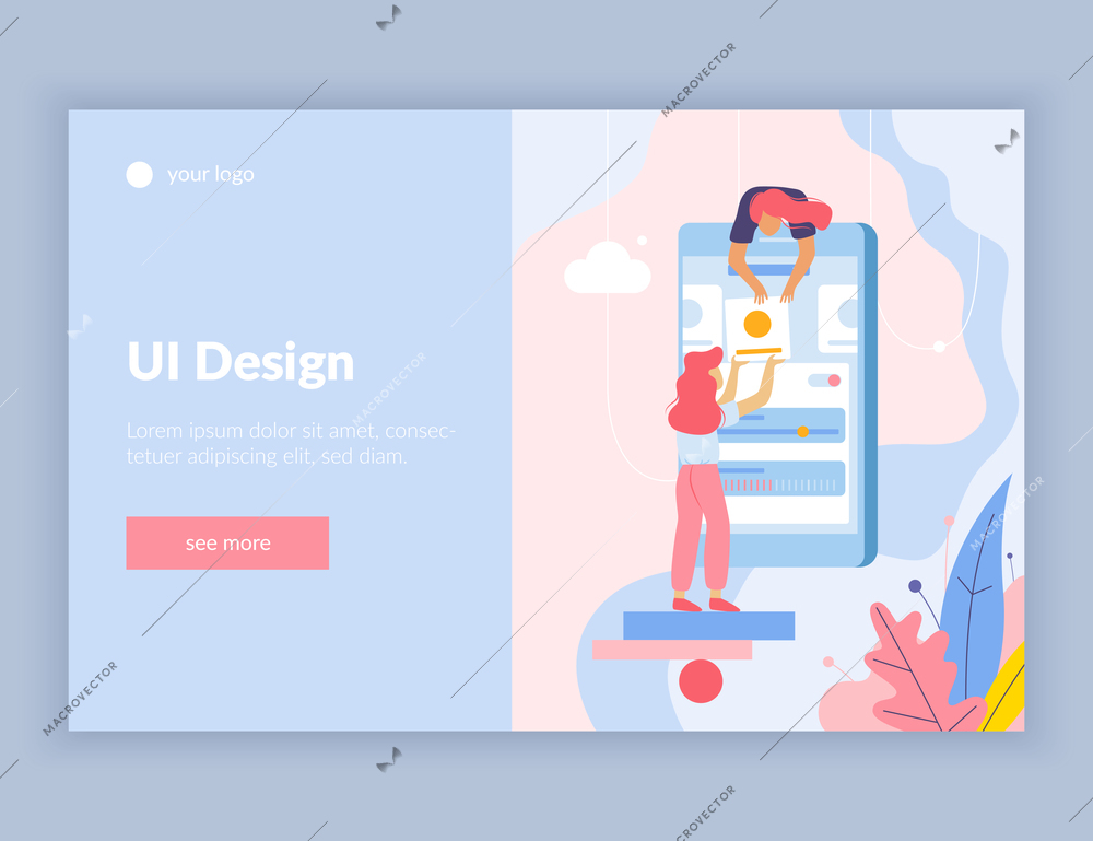 Web development flat composition web site landing page with see more button text and doodle images vector illustration