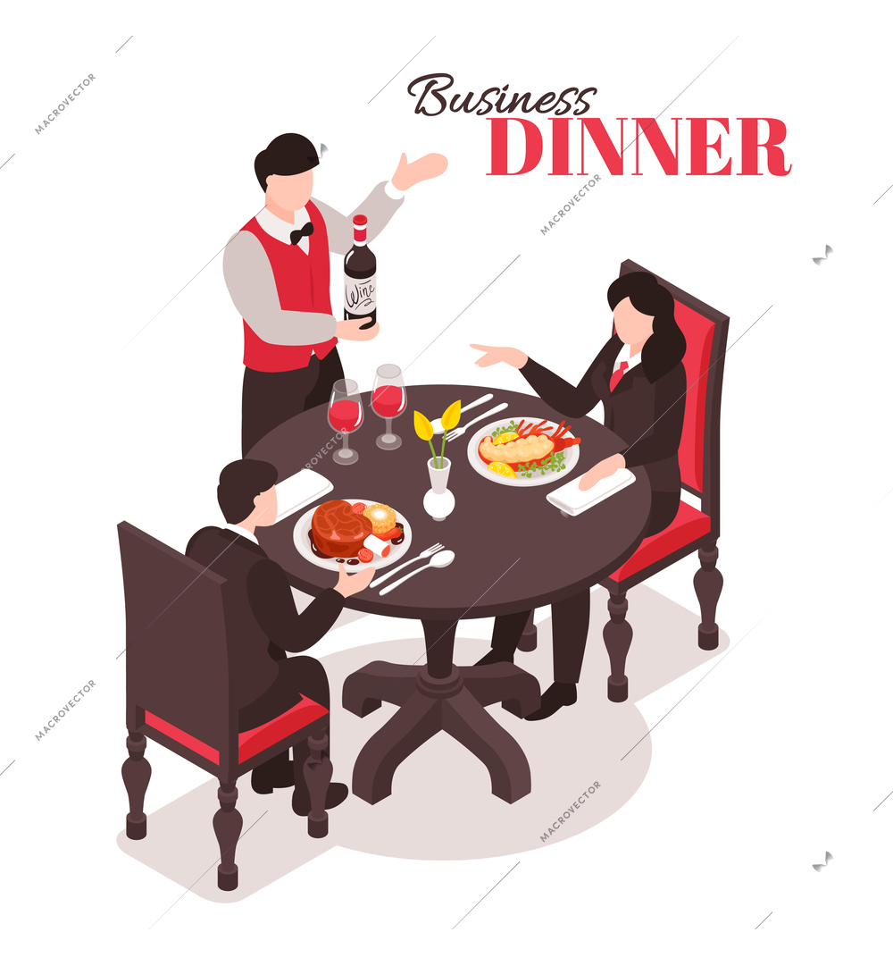 Isometric restaurant composition with human characters in suits at round table with waiter and ornate text vector illustration