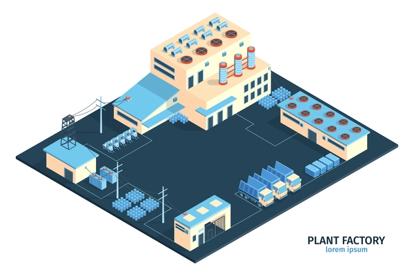 Isometric industrial plant factory composition with editable text and range of plant buildings with cargo trucks vector illustration