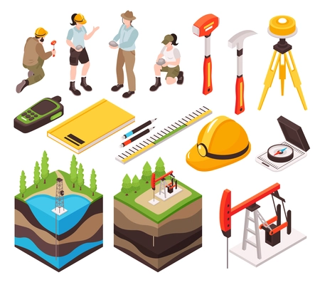 Isometric geologist geology set of isolated images and human characters with professional instruments and ground layers vector illustration
