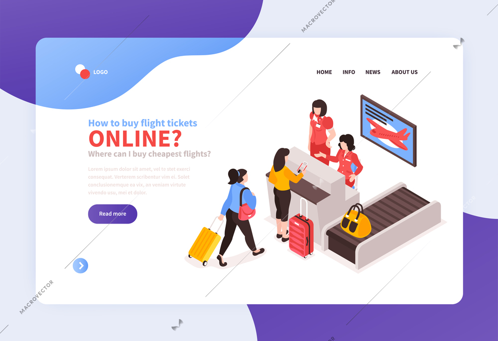 Isometric airport concept banner with clickable links buttons and images of passenger queue at check-in stand vector illustration