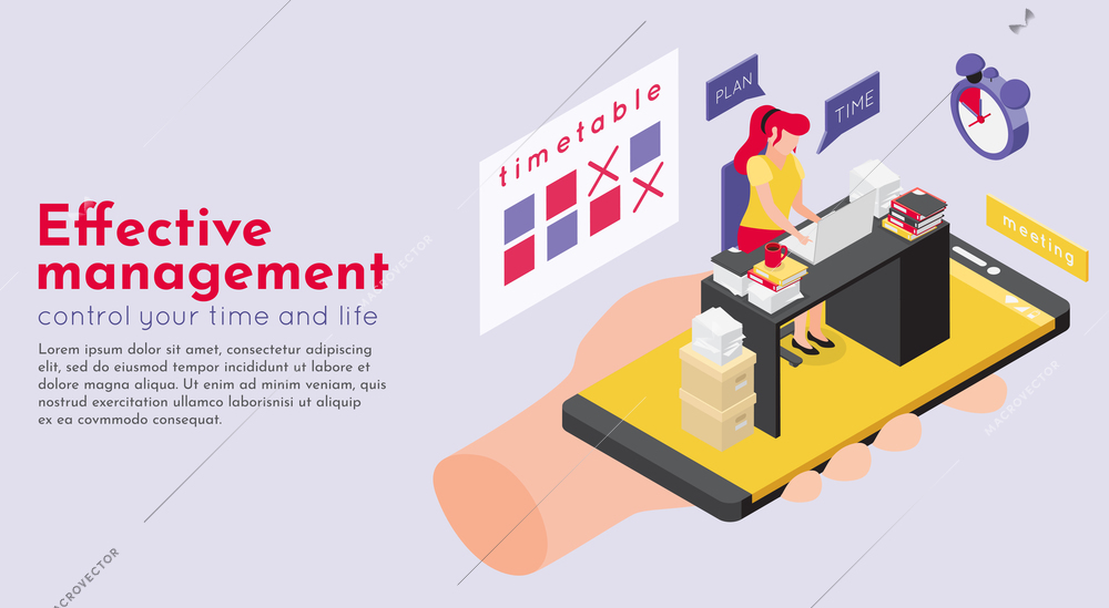 Deadline isometric background composition of editable text and conceptual images of workspace timetable and human hand vector illustration