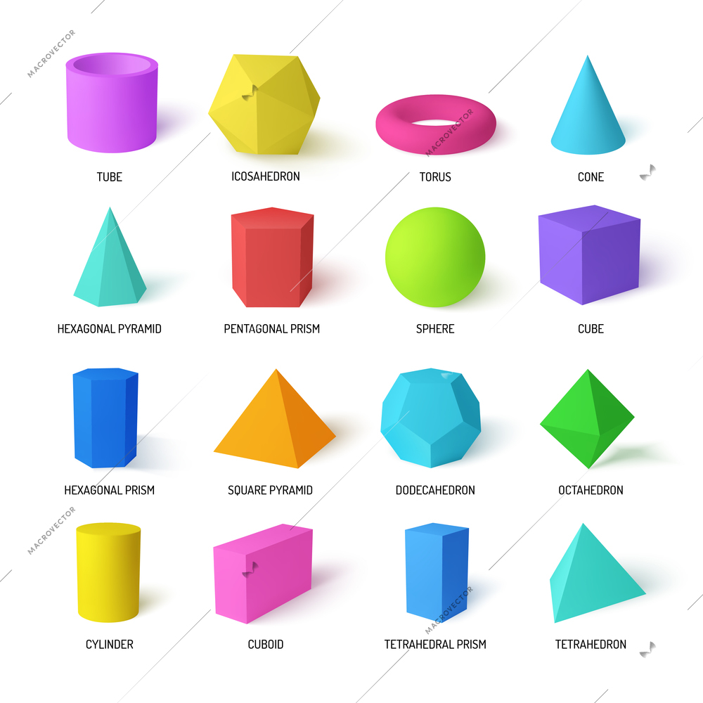 Basic stereometry shapes realistic colorful set of tetrahedral and hexagonal prism icosahedron dodecahedron square pyramid  isolated vector illustration