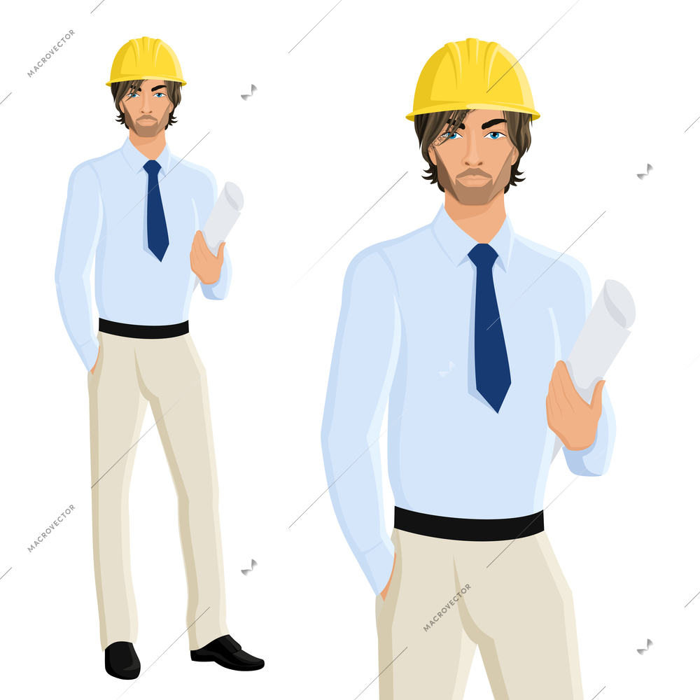 Handsome man engineer in helmet with plan paper isolated on white background vector illustration