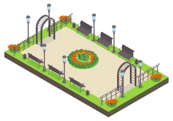 Isometric city park composition with view of public garden with benches flower bed lights and fence vector illustration