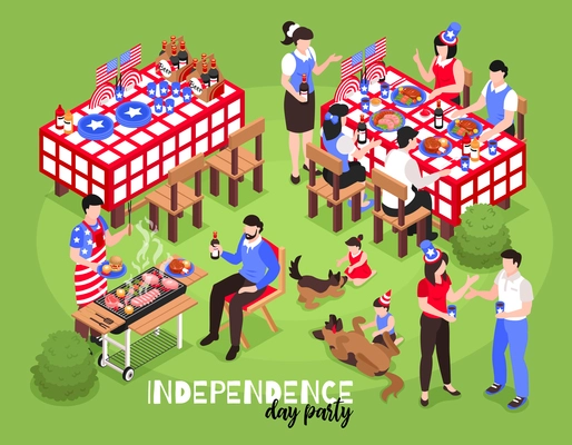 Isometric bbq barbecue 4 july usa independence day composition with images of tables people and food vector illustration