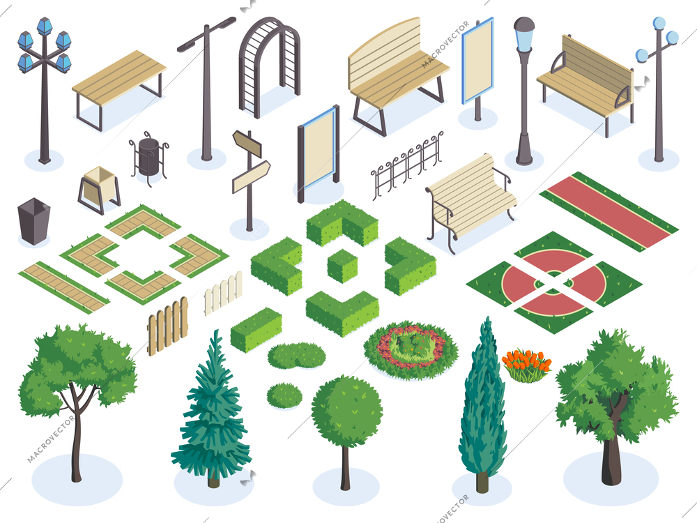 Isometric city park color horizontal set with isolated elements of public square garden on blank background vector illustration