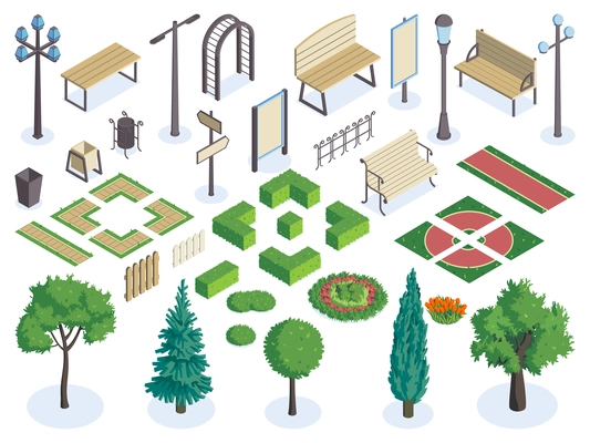 Isometric city park color horizontal set with isolated elements of public square garden on blank background vector illustration