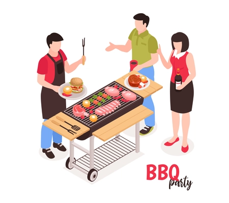 Isometric bbq barbecue composition with faceless human characters and outdoor grill on cart with meat burgers vector illustration