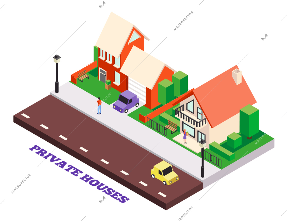 Isometric city buildings background with editable text and private town houses scenery with cars and people vector illustration