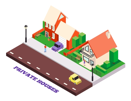 Isometric city buildings background with editable text and private town houses scenery with cars and people vector illustration