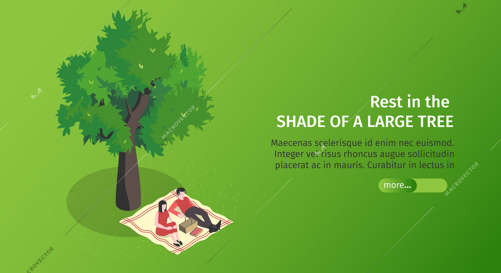 Isometric city park horizontal banner with editable text slider button and couple laying under the tree vector illustration