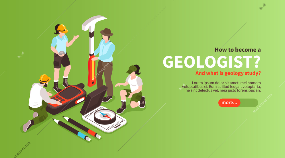 Isometric geology horizontal banner with editable text slider button and human characters of geologists with instruments vector illustration