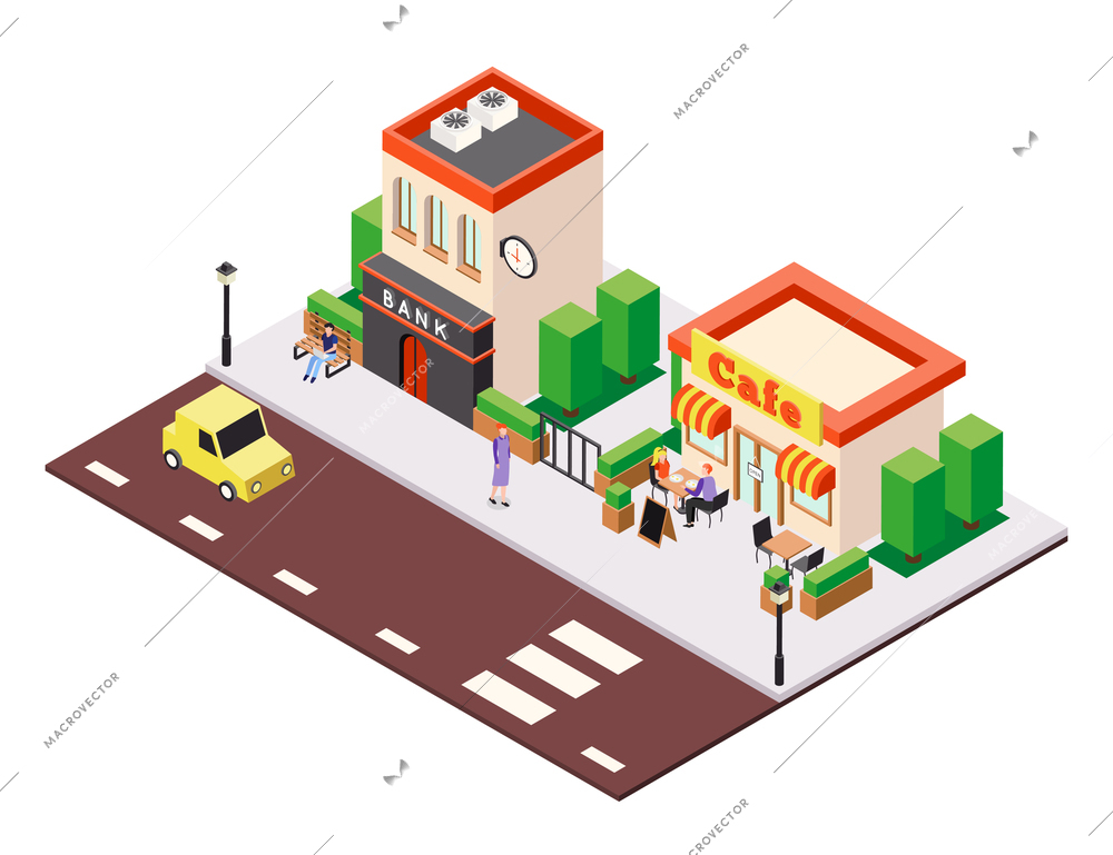 Isometric city buildings background composition with view of street cafe and bank houses with people characters vector illustration