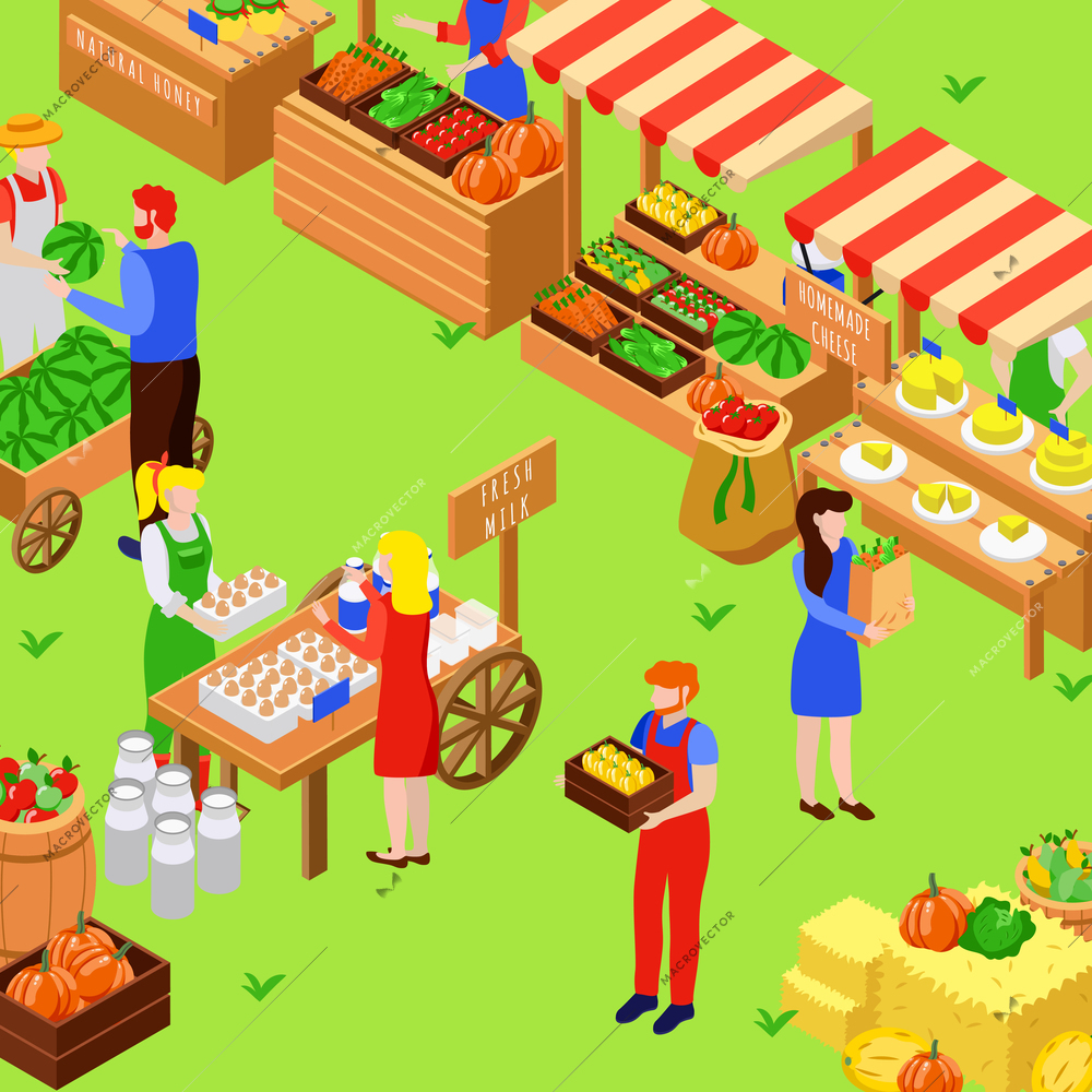 Farm local market isometric composition with images of food fair stalls with human characters and products vector illustration