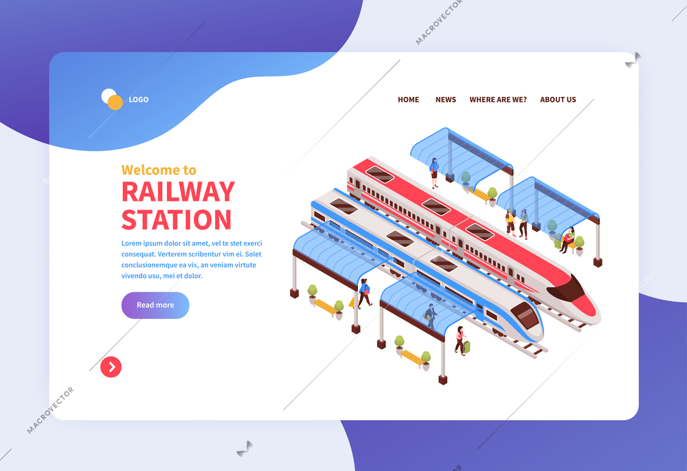 Isometric railway station concept banner web site landing page design with clickable links and editable text vector illustration