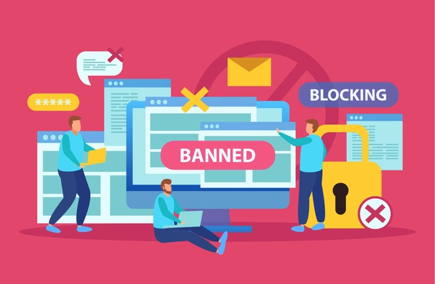 Internet blocking symbolic composition with user stopping email harassment with big lock banning abuser flat vector illustration