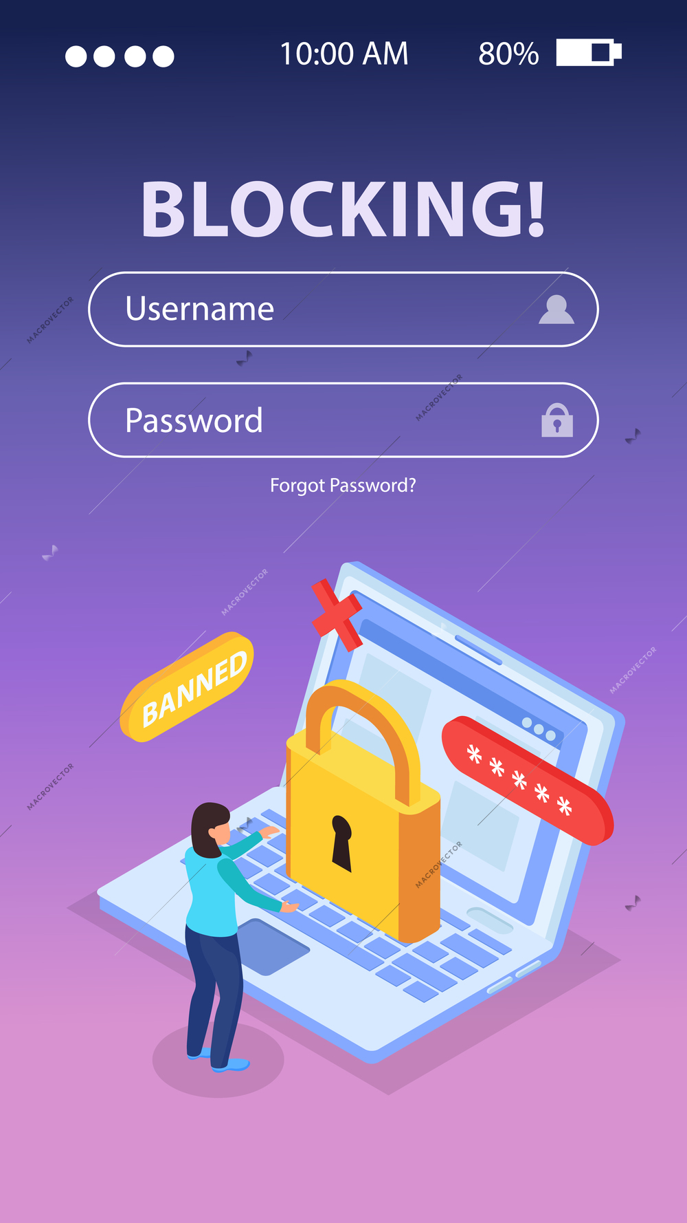 Internet blocking isometric background composition with banned user laptop with lock on login mobile screen vector illustration