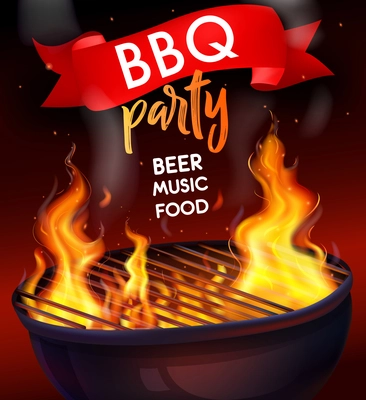 Realistic fire flame bbq grill composition with bbq party beer music food headline vector illustration