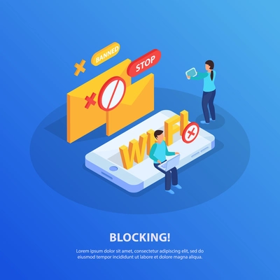 Blocking electronic devices ip addresses from wifi network isometric background composition with laptop tablet users vector illustration