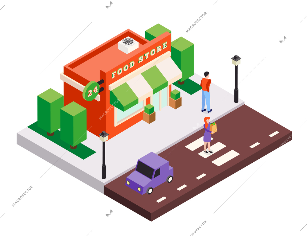Isometric city buildings background composition with small food store house square trees cars and human characters vector illustration