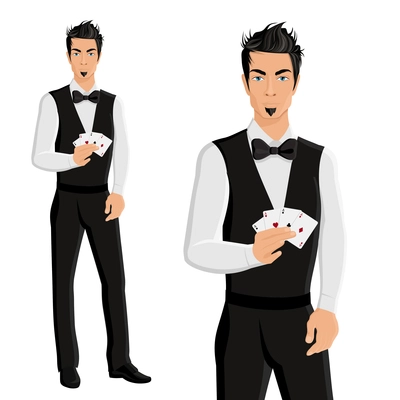 Handsome young man casino dealer with cards portrait isolated on white background vector illustration