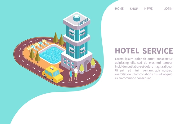 Modern hotel facilities service landing web page design with building exterior entrance outdoor swimming pool vector illustration