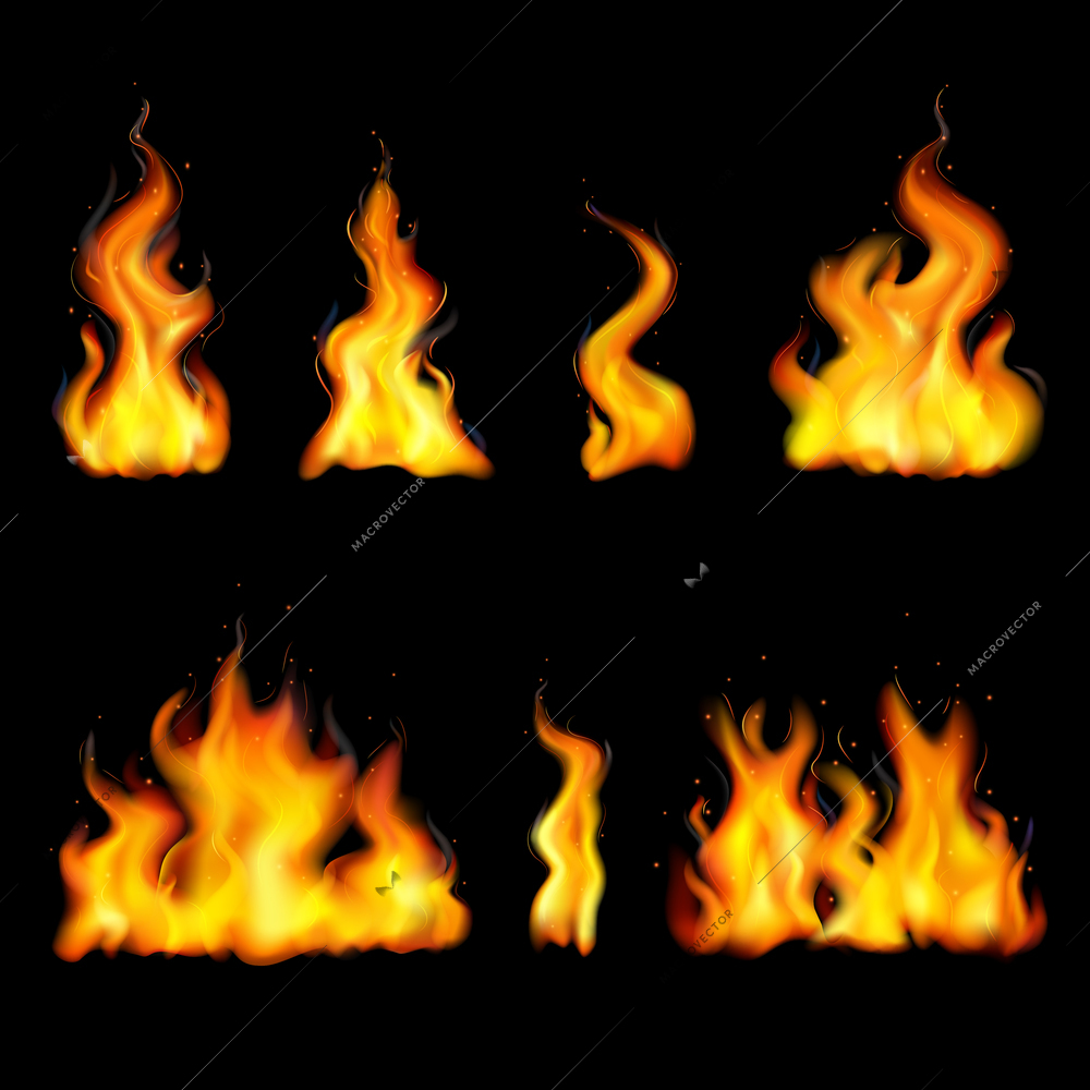 Realistic fire flame set with different shapes isolated and colored on black background vector illustration