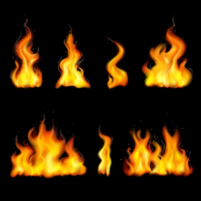 Realistic fire flame set with different shapes isolated and colored on black background vector illustration