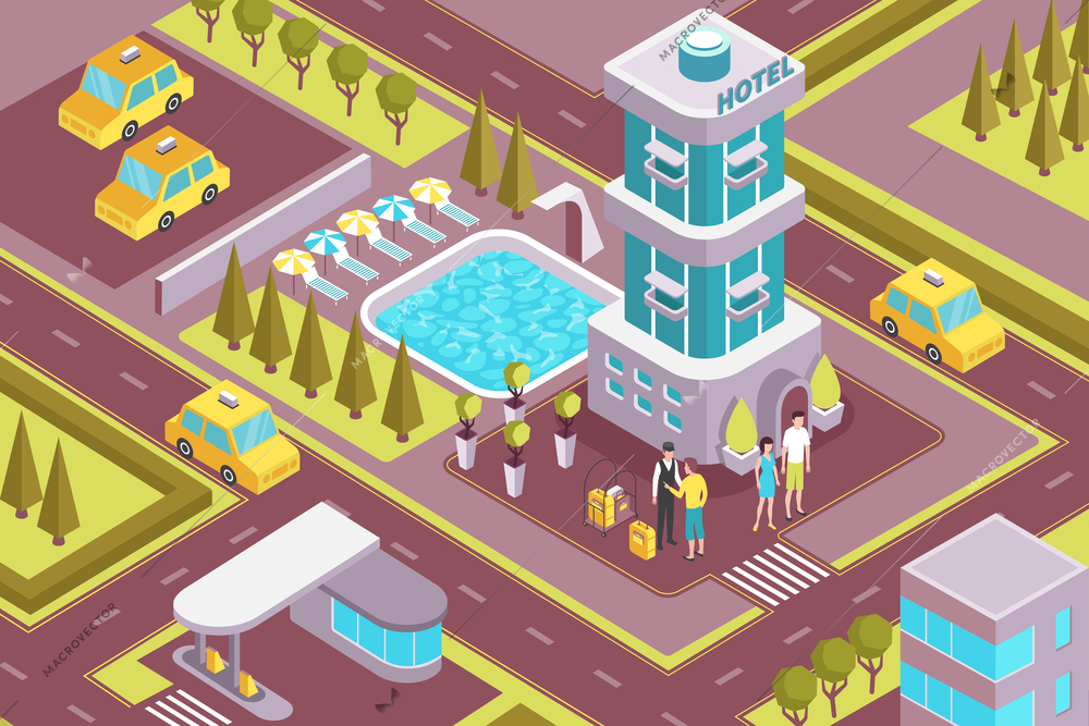 Modern hotel building exterior isometric composition with outdoor facilities parking lot arriving guests porter service vector illustration