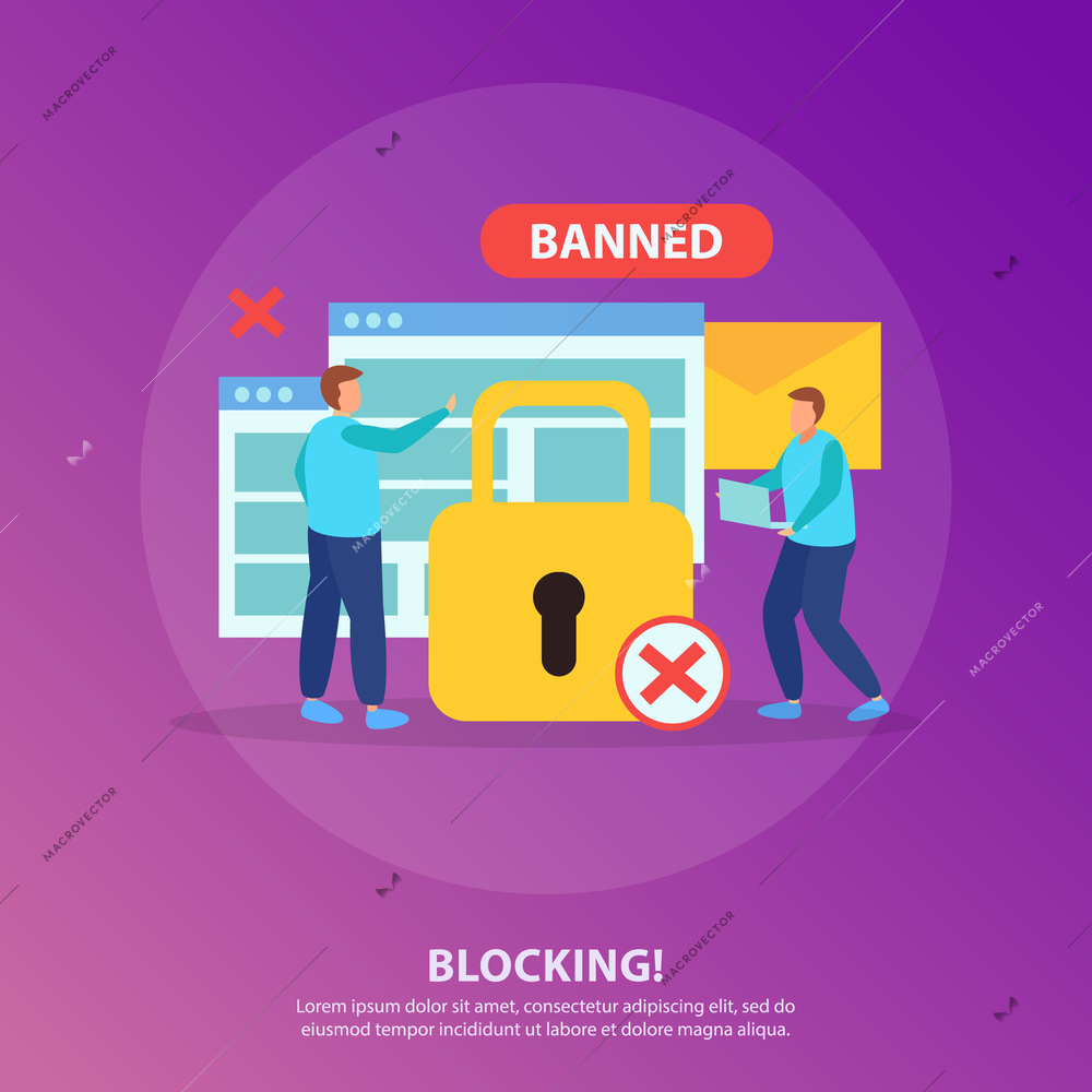 Blocking people from online chat flat round composition with yellow padlock red cross banned sign vector illustration