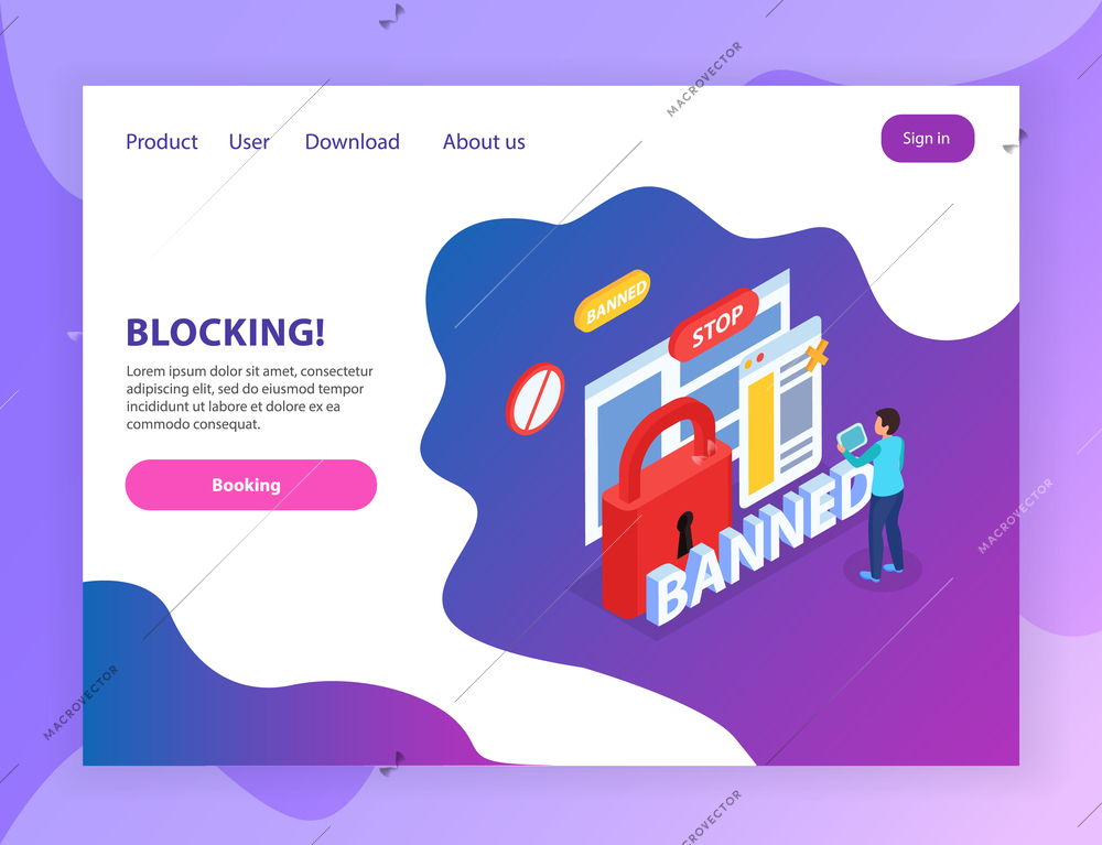 Internet website blocking abusive users  isometric landing page with banned stop lock prohibition signs symbols vector illustration