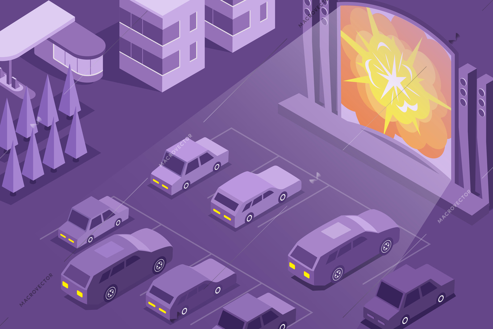 Drive in open air cinema isometric composition with large outdoor movie screen and parking area vector illustration