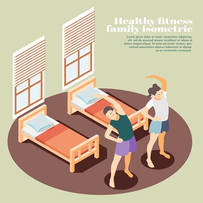 Healthy family fitness isometric background with sister and brother doing morning exercises in bedroom flat vector illustration