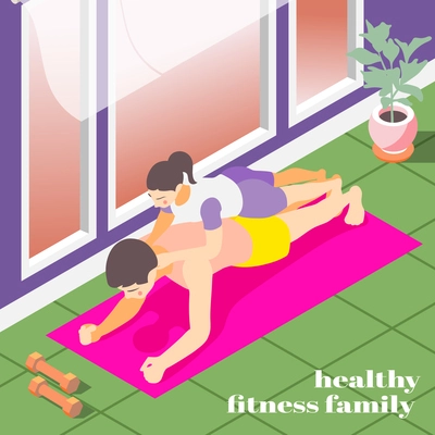 Healthy family fitness isometric background with father doing push ups with daughter on his back flat vector illustration