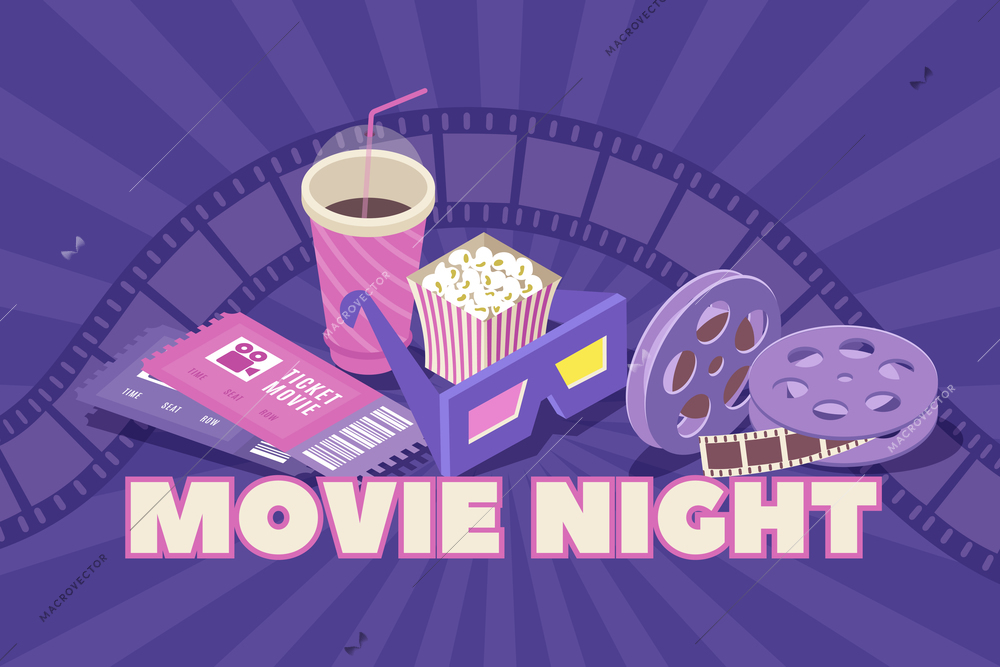 Movie night isometric composition with 3d polarized glasses popcorn cinema tickets film bobbins background banner vector illustration