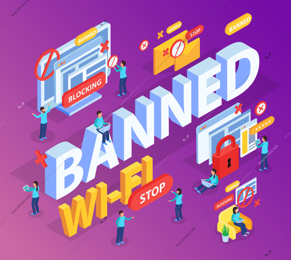 Banned 3d lettering with stop and lock signs in blocking internet users sites isometric composition vector illustration