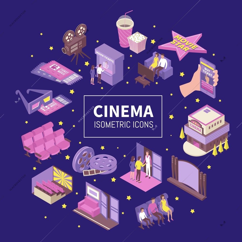 Movie theater home cinema picture house isometric icons compositions with tickets 3d glasses bobbin popcorn vector illustration